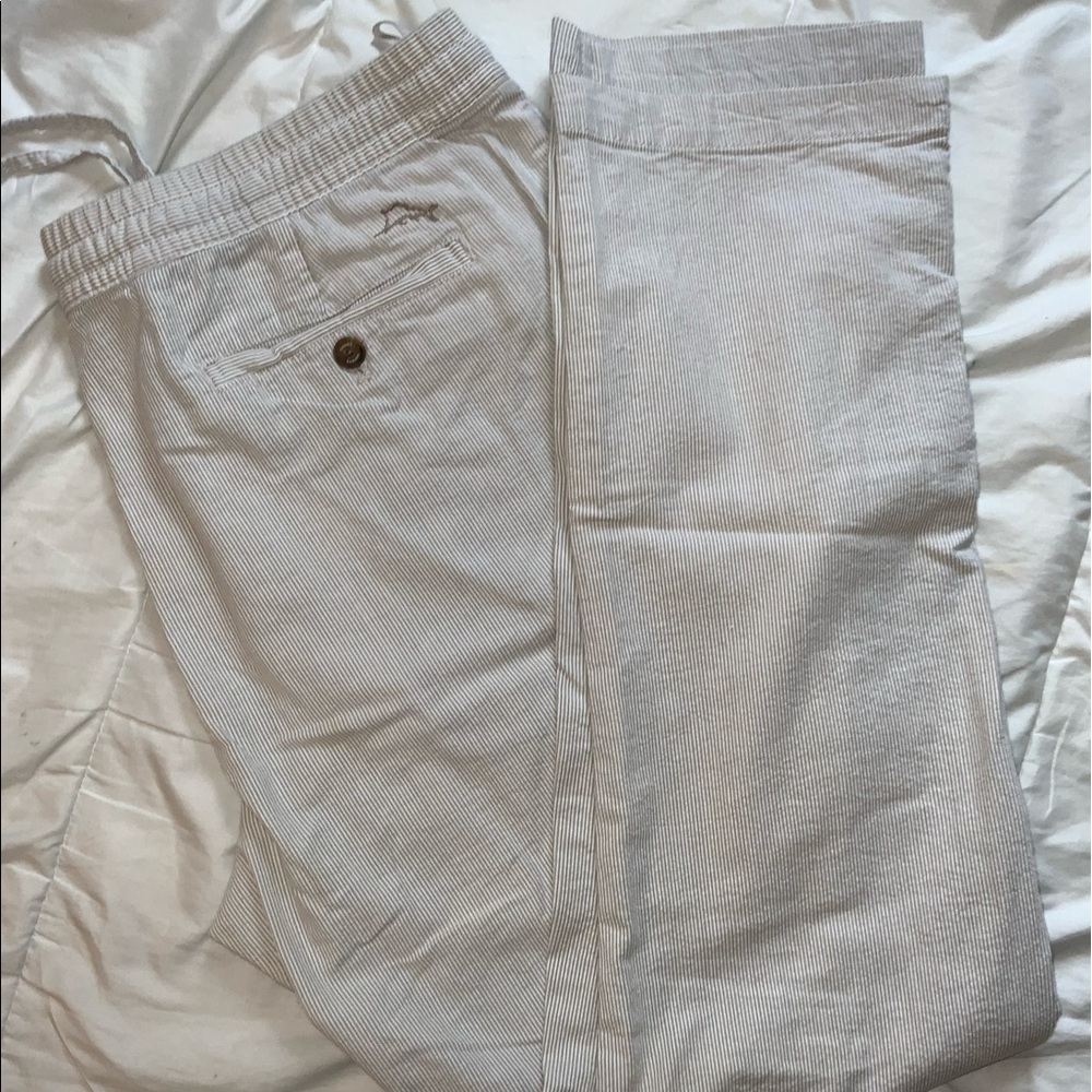 Tommy Bahama light blue pinstripes, cotton, size Large, fits waist 34/36 elastic